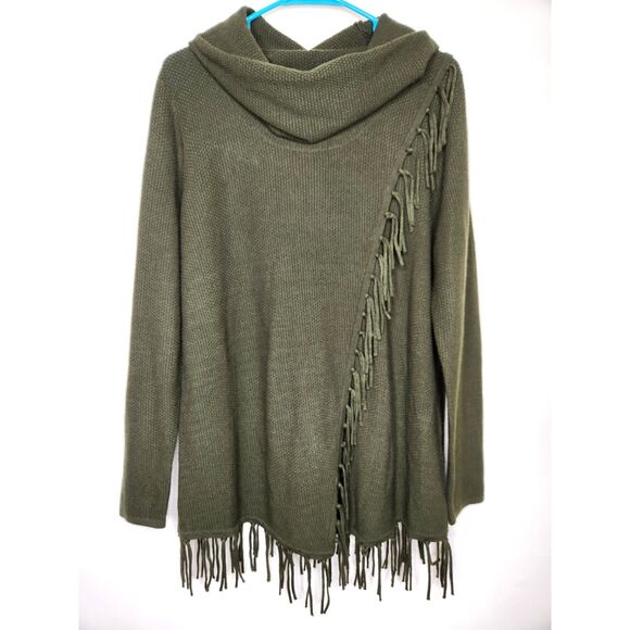 Lagenlook Oversized Fringed Woman's Sweater Sz. L Olive Green Fringed Boho Knit - Picture 1 of 8